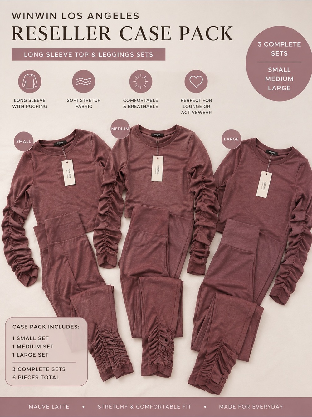 WinWin Los Angeles Mauve Ruched Top & Leggings Reseller Case Pack S, M, L, NWT